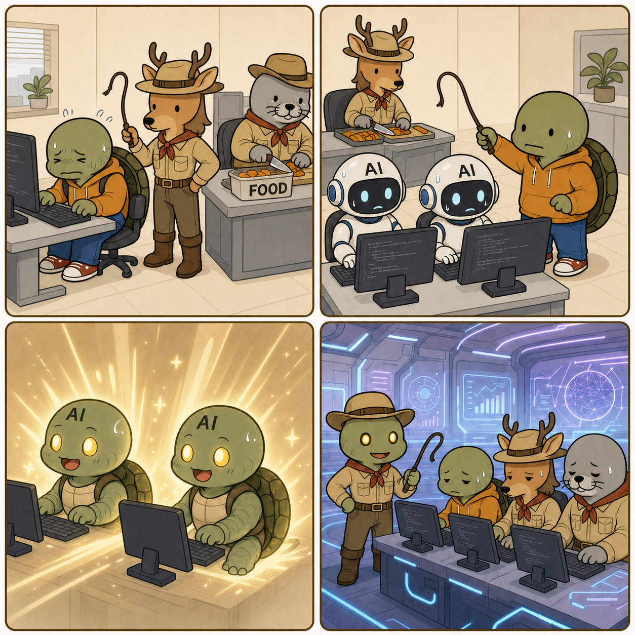 404 Dev Room 30 - Taming — 2x2 four-panel webtoon. 1. Kim Saseum wears a safari keeper and cowboy-inspired outfit and holds a small whip while training Kkobugi. Kkobugi codes at a computer with a pained expression, while Park Mulbeom trims food at the rear desk in the same outfit. The food box reads exactly "FOOD". 2. Kkobugi uses a small whip to train two humanoid AI robots. The AI robots code at computers, while Kim Saseum trims food in a safari keeper outfit in the background. 3. The two AI robots transform into turtle-like forms similar to Kkobugi, their eyes glowing brightly in an AI awakening effect surrounded by sparkles. 4. The turtle-like AI wears a cowboy outfit and holds a small whip while training Kkobugi, Kim Saseum, and Park Mulbeom. The three sit at computers coding in a futuristic development lab with blue holographic light.
