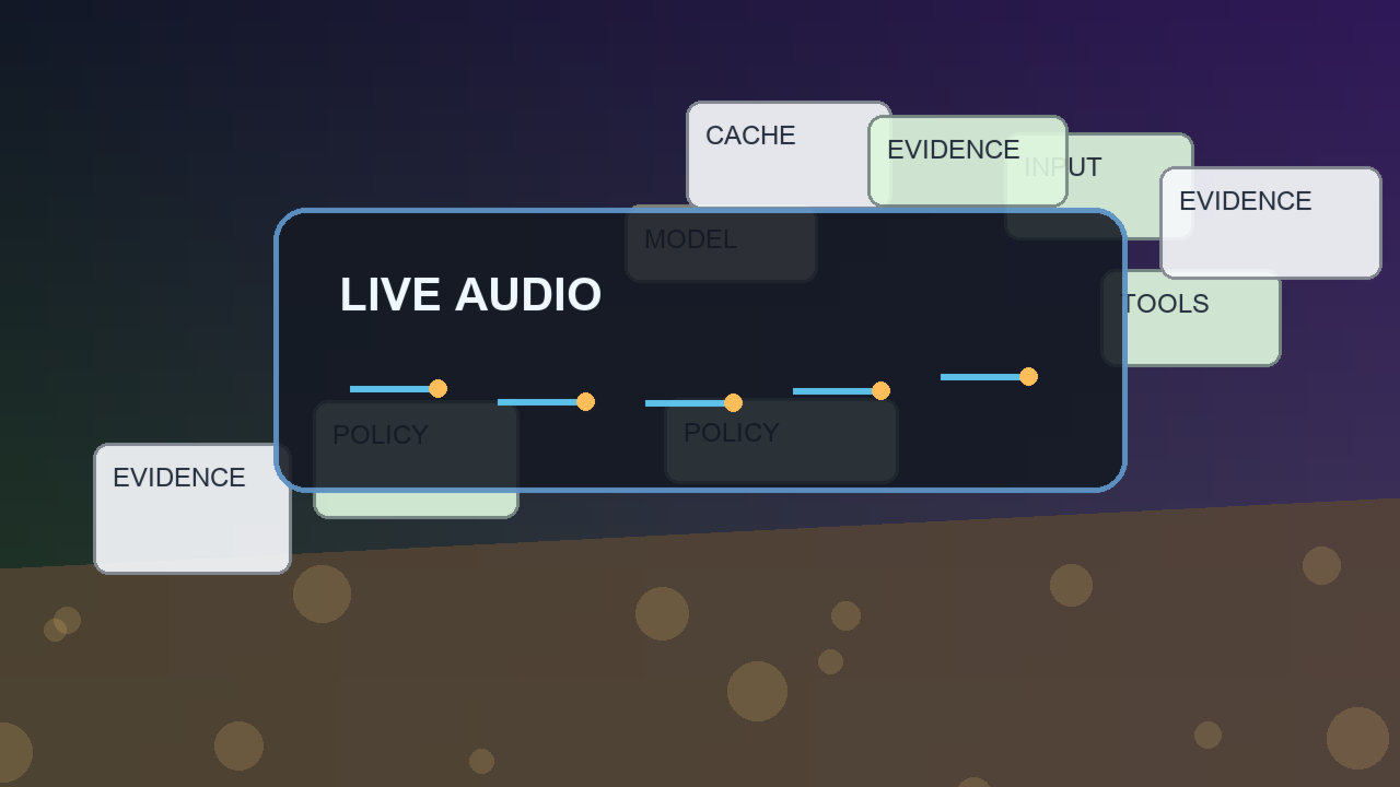 Photographic concept image of GPT-Live full-duplex voice flow with a desk microphone and task cards