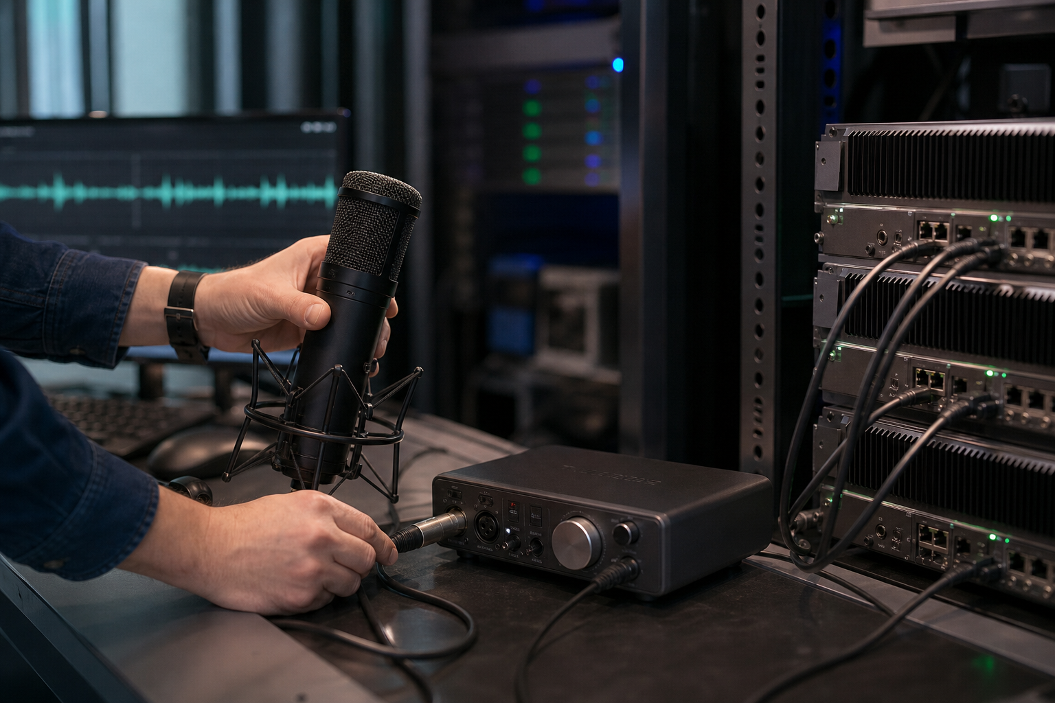 An engineer connects a microphone and audio interface to edge servers in a technical lab
