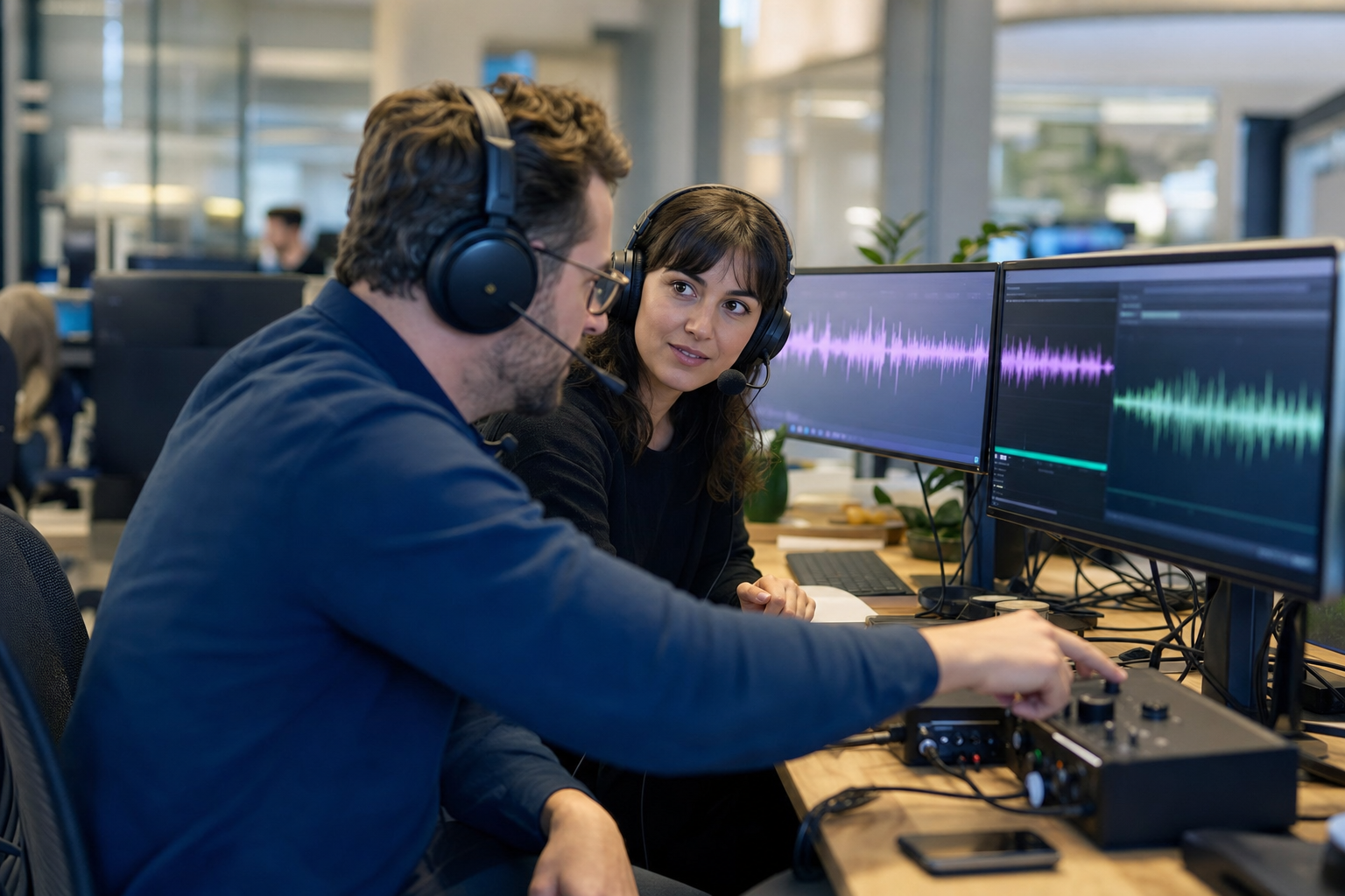 Voice AI operators check live waveforms with headsets and professional audio equipment
