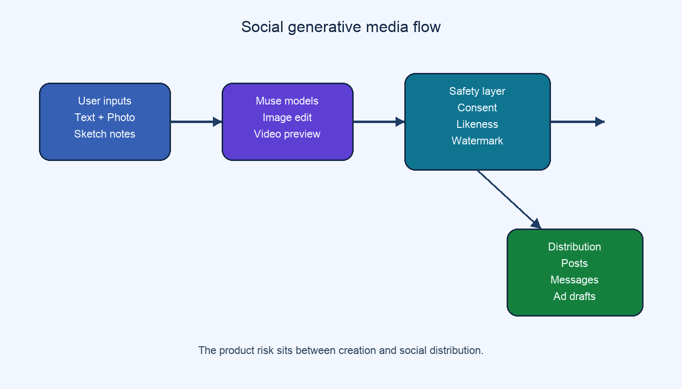 A flow diagram showing Meta Muse Image and Muse Video moving from user inputs to generative models, safety controls, and social publishing