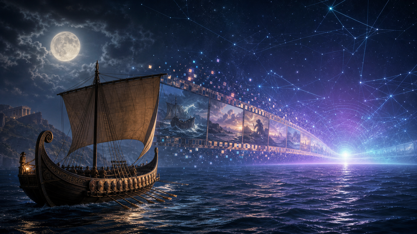 An ancient Greek sailing ship connected to digital film frames in a conceptual image about AI filmmaking