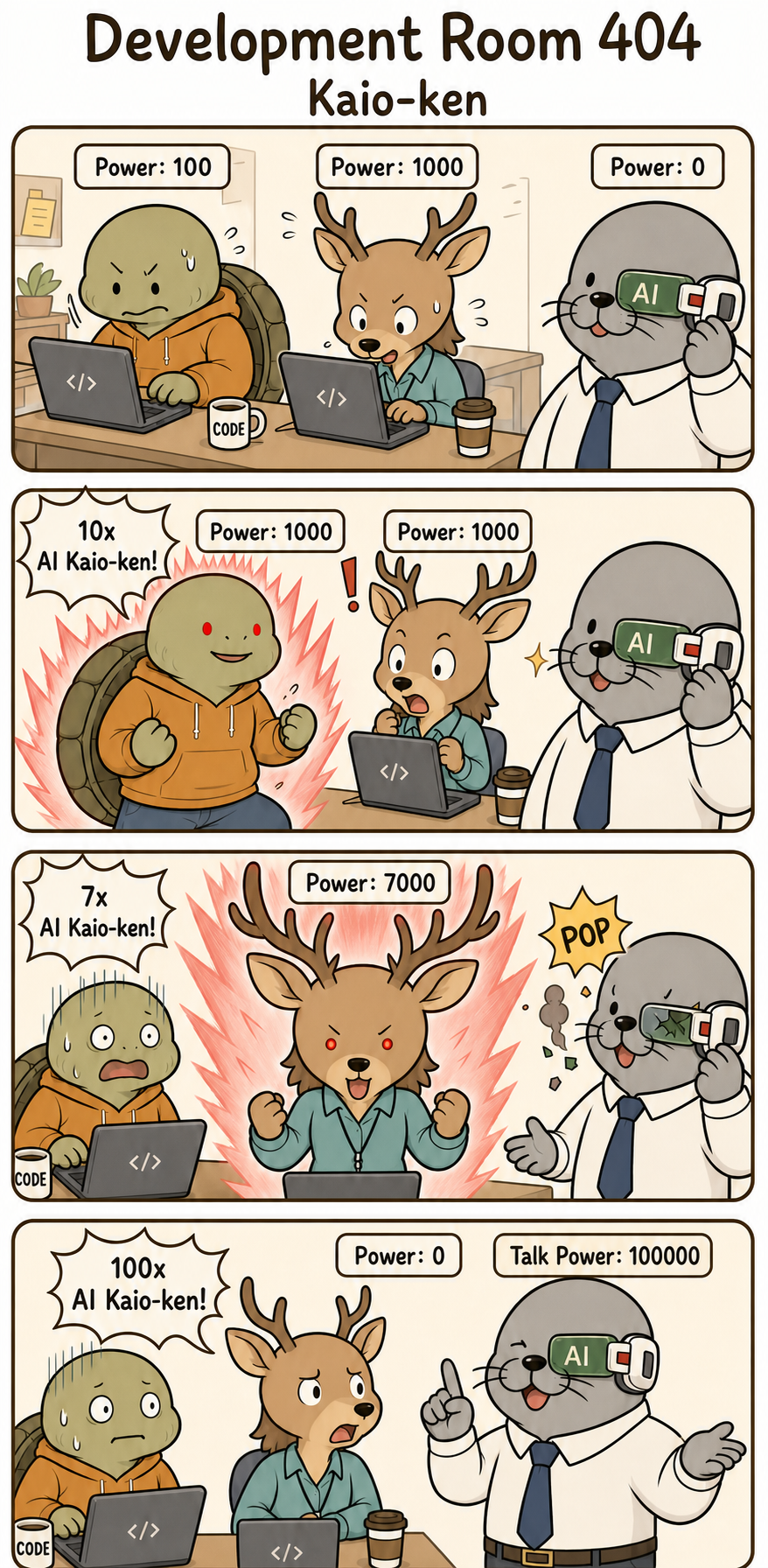 Development Room 404 Ep. 23: Kaio-ken — 2x2 four-panel webtoon. 1. Kkobugi struggles to code while Kim Saseum codes hard nearby. Labels show Power: 100 above Kkobugi and Power: 1000 above Saseum. In the corner, Park Mulbeom has Power: 0 and wears an AI-labeled sci-fi power scouter. 2. Kkobugi shouts 10x AI Kaio-ken! and reaches Power: 1000. Saseum is shocked, while Mulbeom admires the result through his AI scouter. Kkobugi’s shell grows huge, his eyes become red dots, and he smiles. 3. Saseum shouts 7x AI Kaio-ken! and reaches Power: 7000. Kkobugi stares in despair, and Mulbeom’s scouter explodes with a POP. Saseum’s eyes glow red and her antlers grow larger. 4. Mulbeom shouts 100x AI Kaio-ken!, but his Power remains 0. His Talk Power becomes 100000.