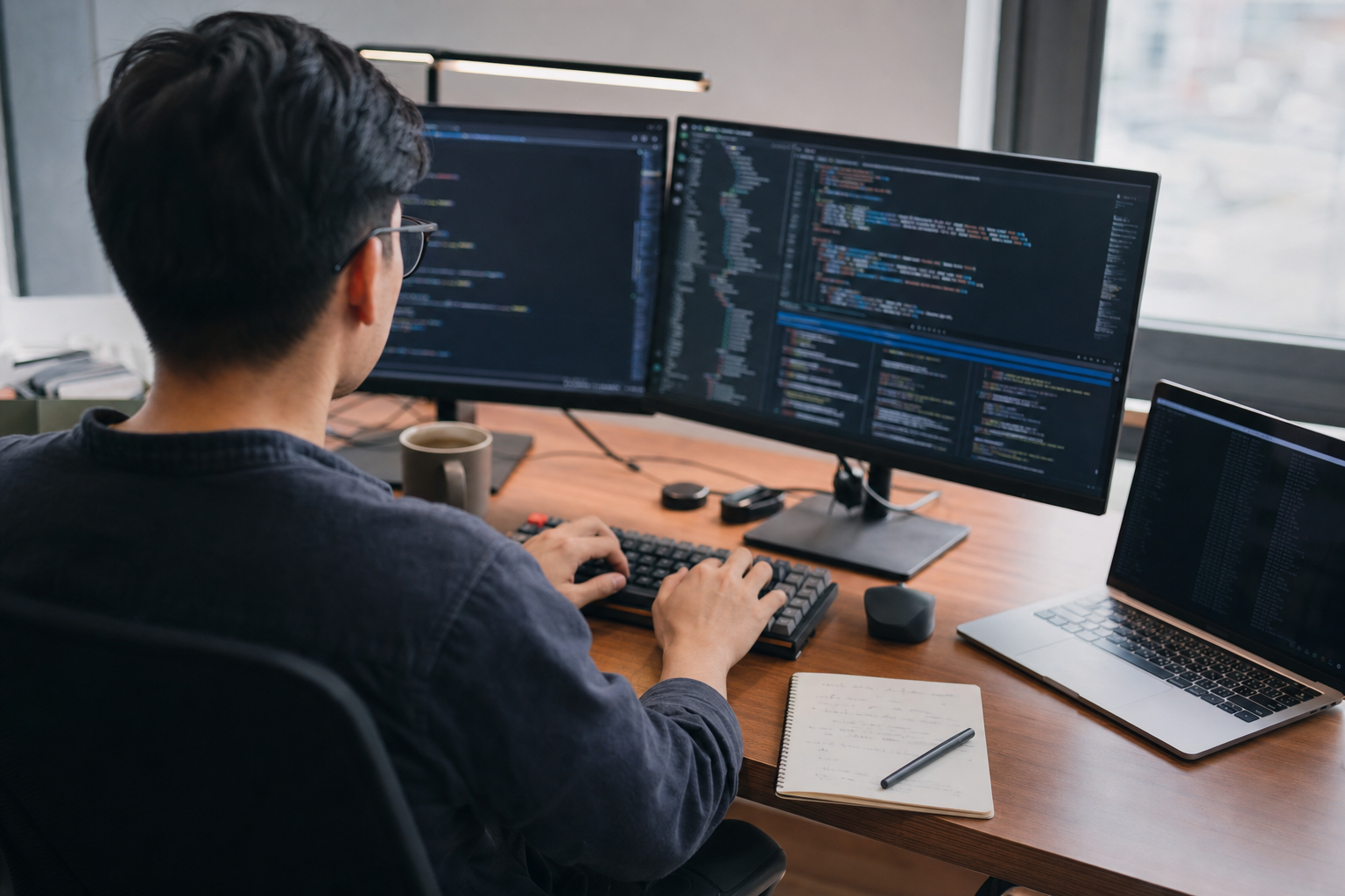 A developer works with an AI coding assistant across several monitors in a real office
