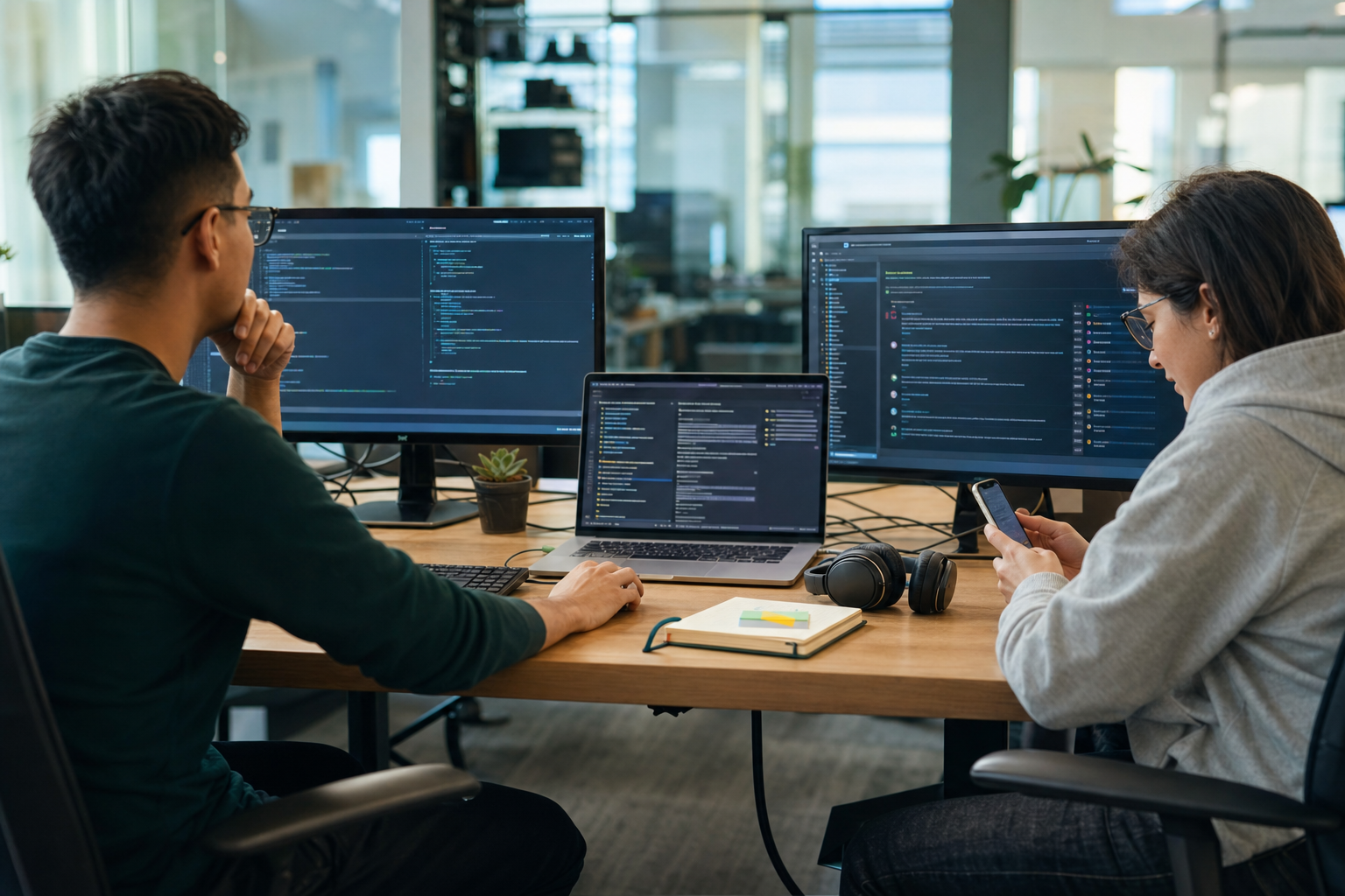 Two developers review parallel coding tasks across multiple screens and a mobile device