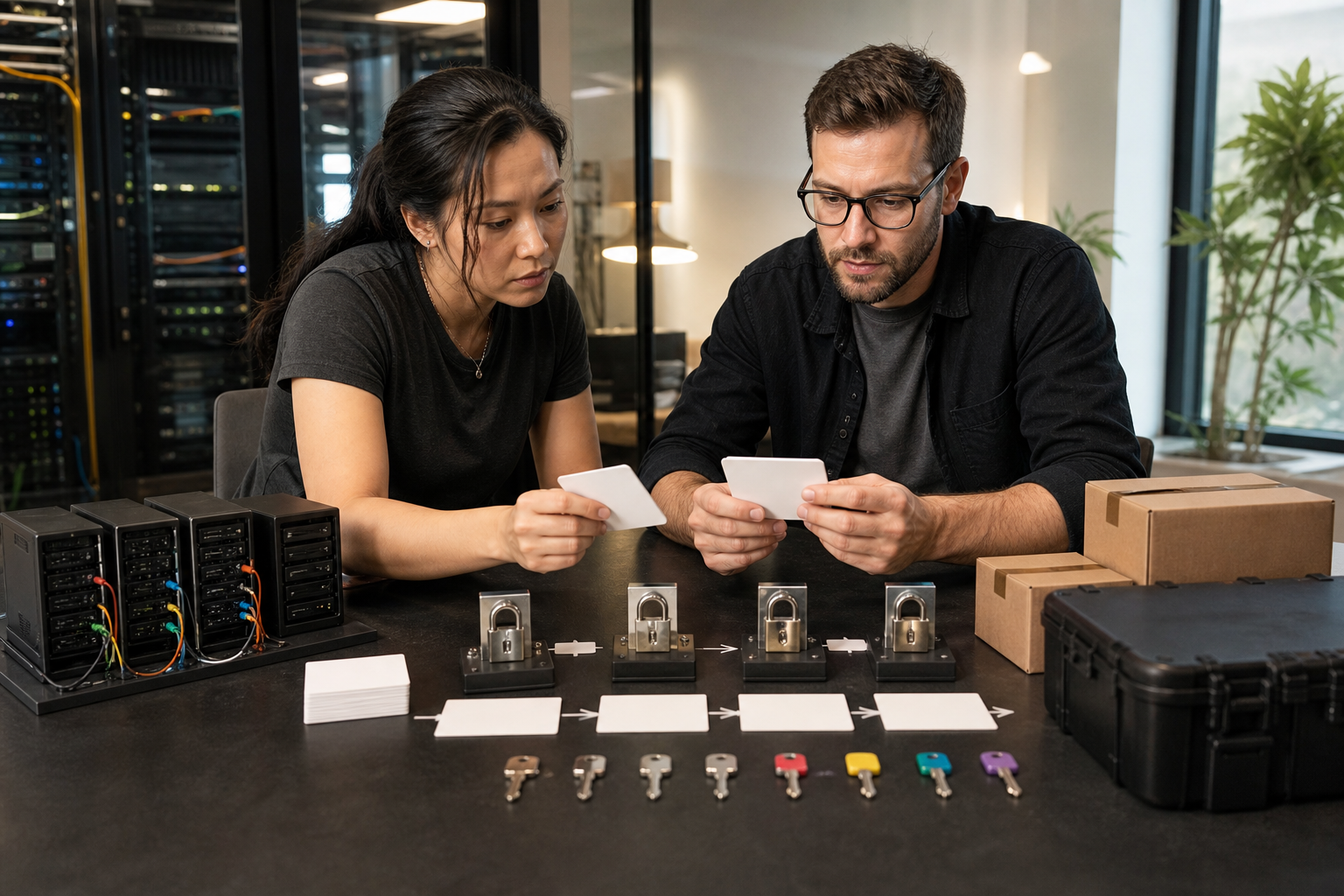 A security engineer and developer reviewing AI agent approvals using paper work cards and miniature servers on a conference table
