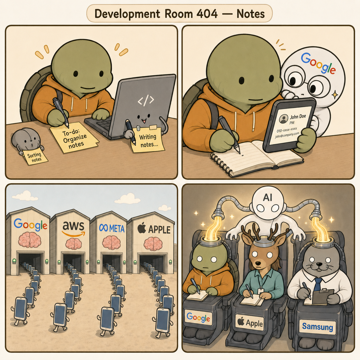 Development Room 404 Ep. 26: Notes — 2x2 four-panel webtoon. 1. Kkobugi writes notes while coding, and his computer and mouse also comically write their own notes. 2. Kkobugi writes while looking at someone’s business card on a smartphone, and Google peeks over his shoulder at the phone. 3. Huge warehouses labeled Google, AWS, META, and APPLE stand around the scene, each with a brain icon below the company name. Smartphones walk in orderly lines into the warehouses. 4. Kkobugi, Kim Saseum, and Park Mulbeom sit in absurd chairs labeled Google, Apple, and Samsung, writing with blank expressions. A white pupil-less AI siren with AI on its forehead injects knowledge into them.
