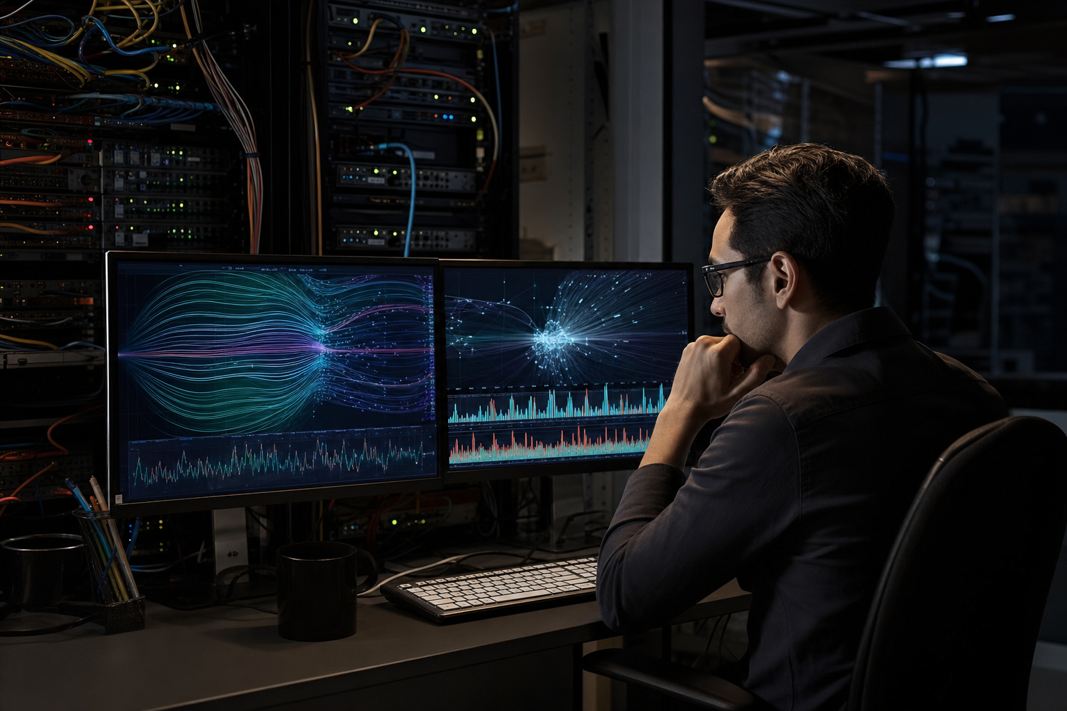 A network operator watches automated crawler traffic inside a real server room