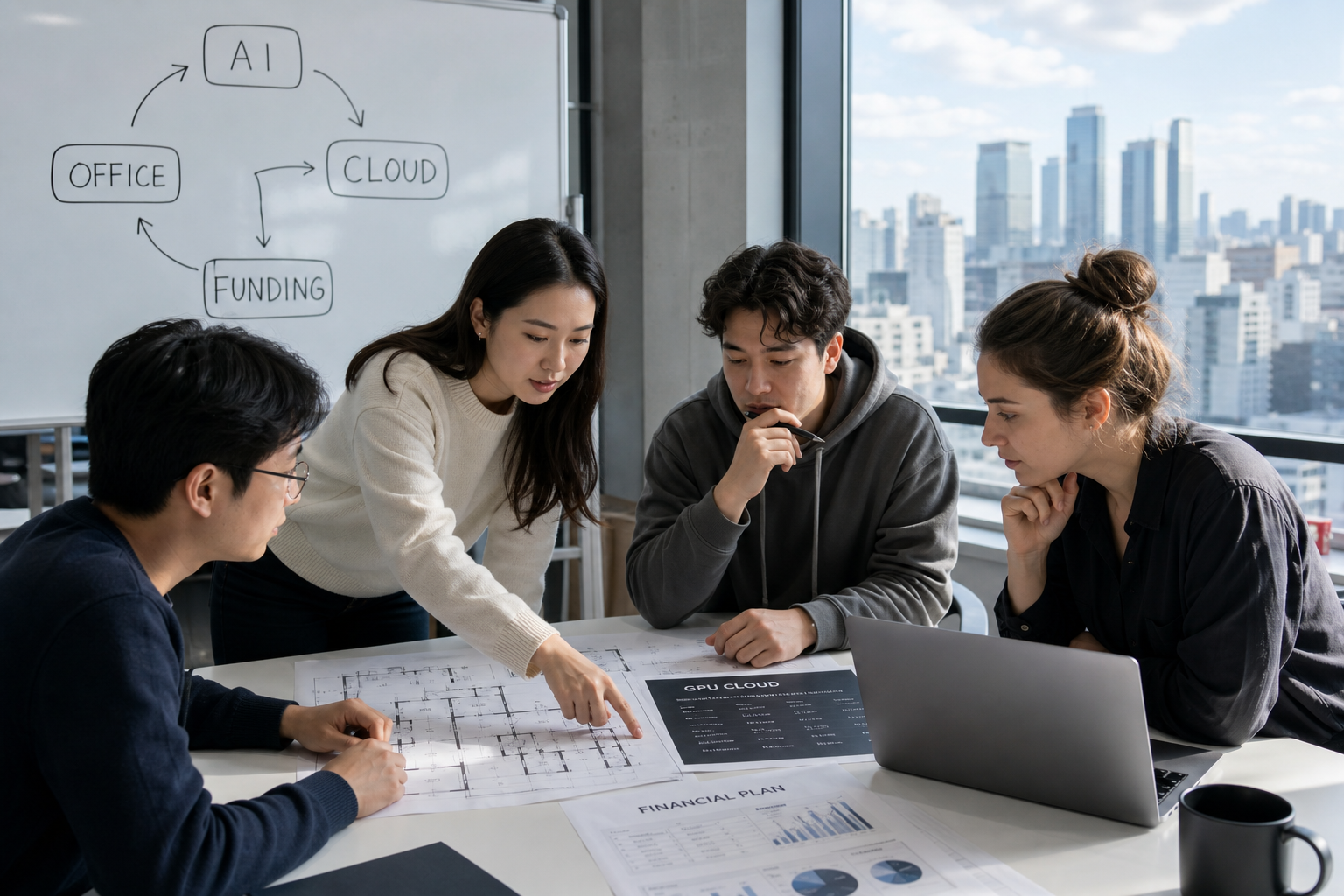 AI startup team discussing a cloud proof of concept in a bright Seoul office