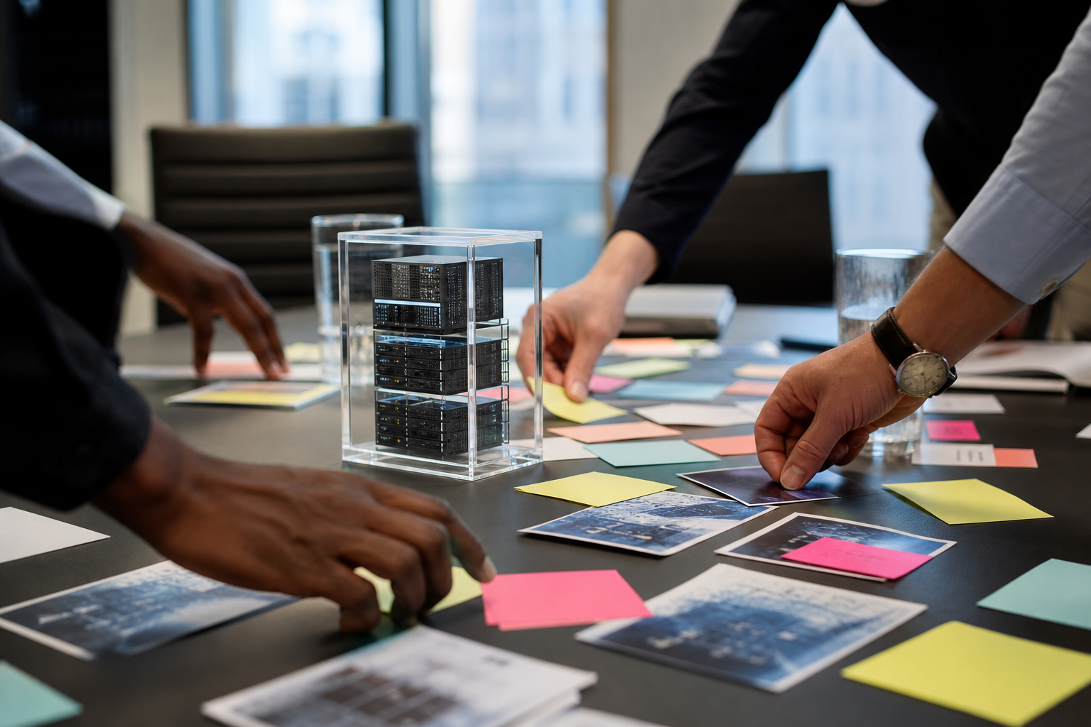 Hands arranging physical cards and a small server model during a discussion about AI regulation and compute strategy