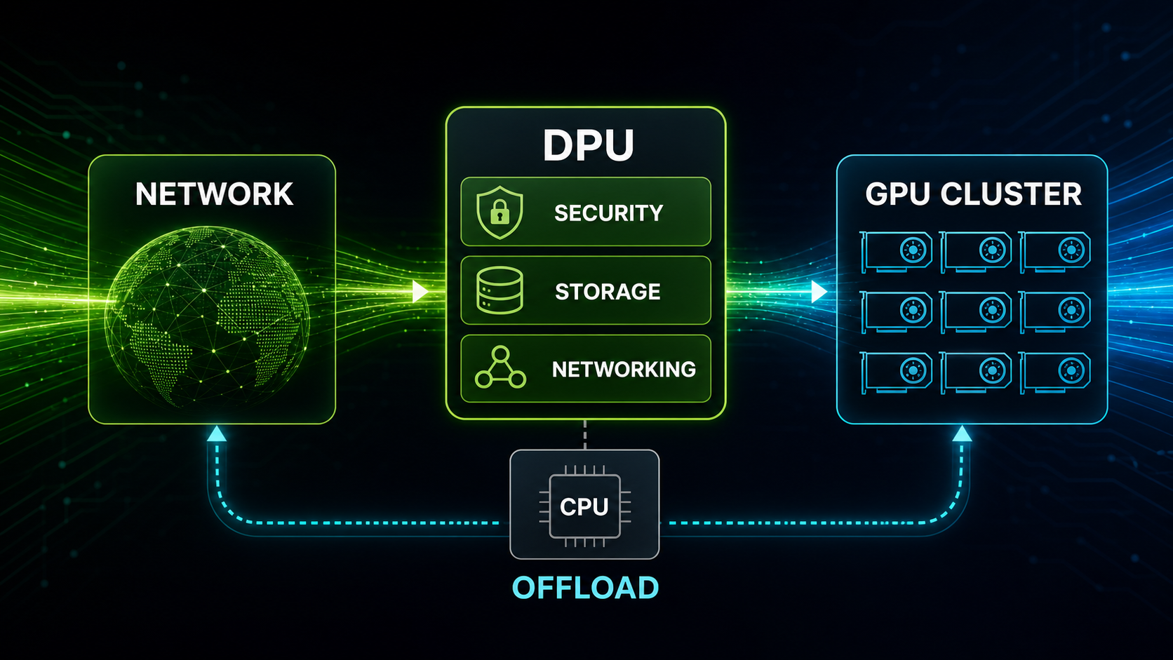 Photographic concept image of a BlueField-4 DPU separating network, security, and storage flows beside GPU servers