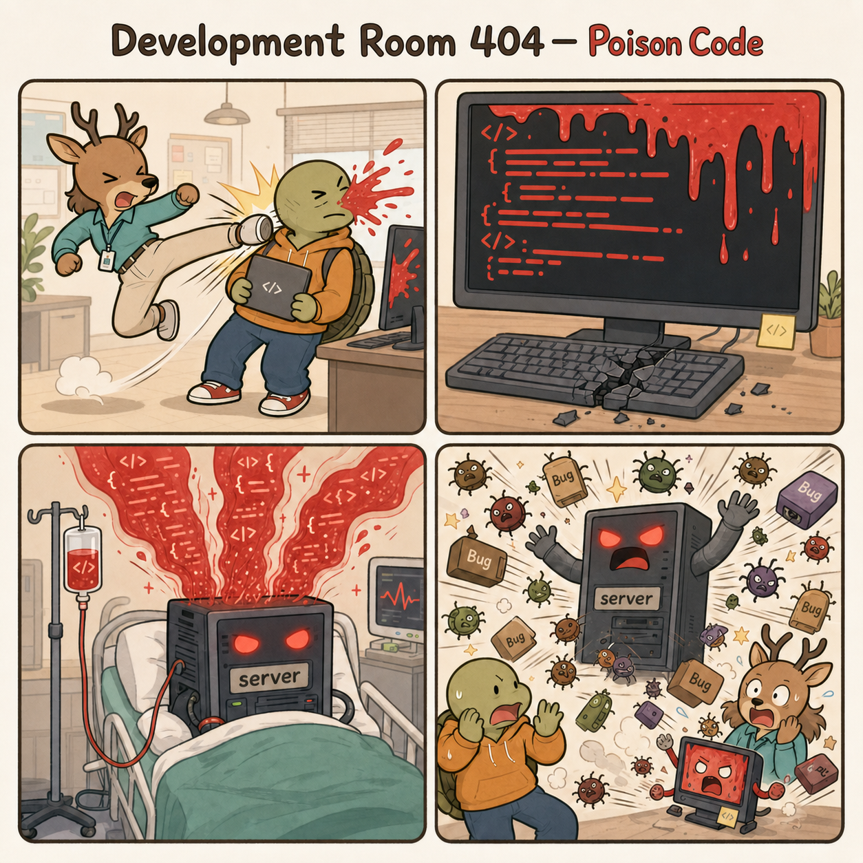 Development Room 404 Ep. 25: Poison Code — 2x2 four-panel webtoon. 1. Kim Saseum gives Kkobugi a slapstick flying kick, turning his head to the right as a red ink-like splash lands on the monitor. No gore or realistic injury. 2. The monitor is shown close up. Red poison code drips down and turns all displayed code red, while the keyboard below is slightly cracked. 3. Red code flows into a hospital-bed-like computer server labeled server. Its eyes begin glowing red. 4. The server stands up and throws objects labeled Bug in every direction. A small red-ink-stained computer throws tiny Bugs alongside it.