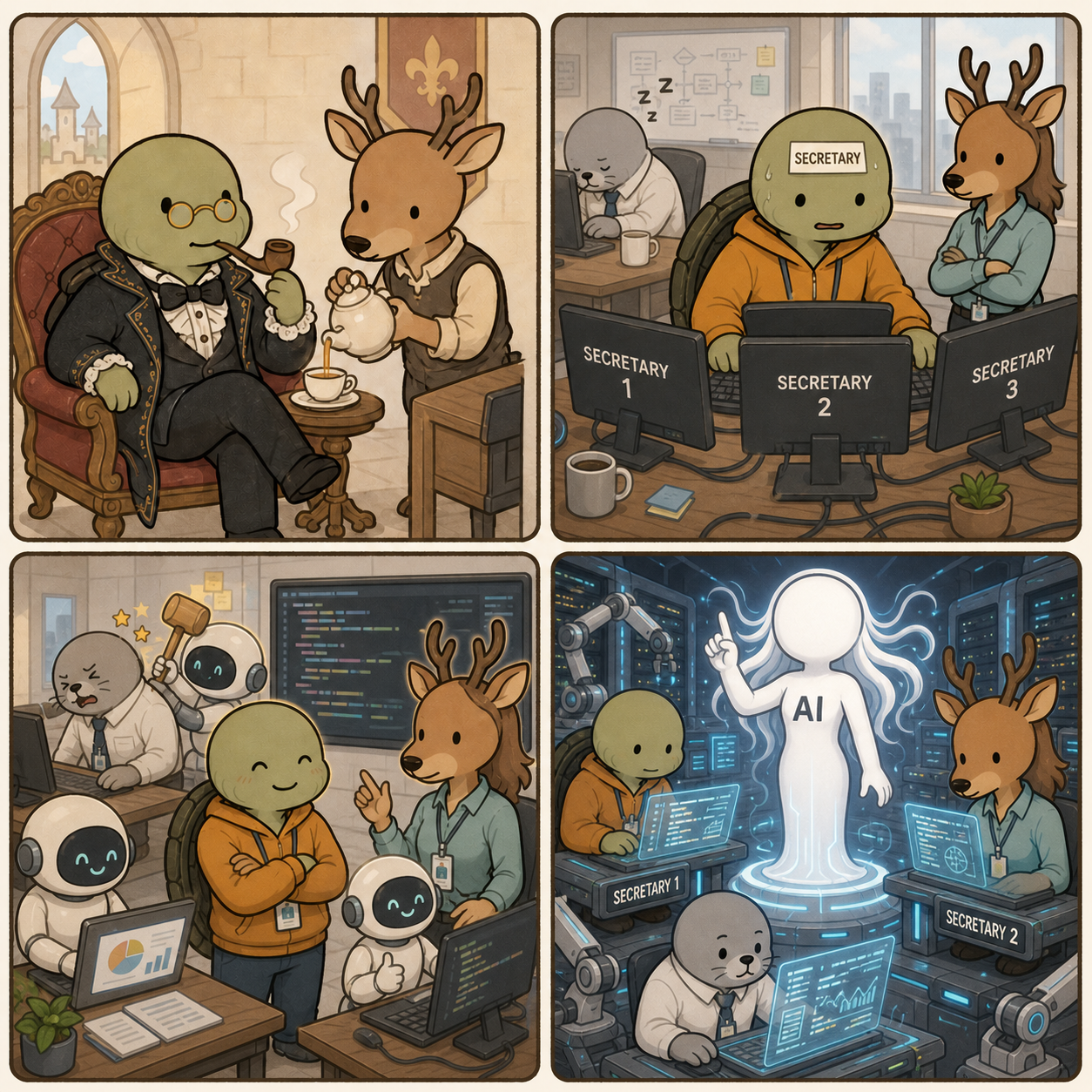 404 Dev Room 28 - Secretary — 2x2 four-panel webtoon. 1. In a medieval setting, Kkobugi wears old-fashioned spectacles, smokes a long pipe, and stands in a black medieval suit with a bow tie. Saseum serves him in a medieval servant uniform. 2. In a modern development room, Kkobugi alternates between three monitors labeled SECRETARY 1, SECRETARY 2, and SECRETARY 3. Modern developer-dressed assistant manager Saseum watches with folded arms, while modern developer-dressed manager Mulbeom sleeps at a desk in the background. 3. In the modern development room, developer-dressed Kkobugi works with AI agents and assistant manager Saseum talks with one. Manager Mulbeom incorrectly uses AI in the back and is lightly bonked by an AI agent. 4. In a futuristic server-filled mechanical environment, AI stands at the center while developer-dressed Kkobugi, Saseum, and Mulbeom each work at a computer.