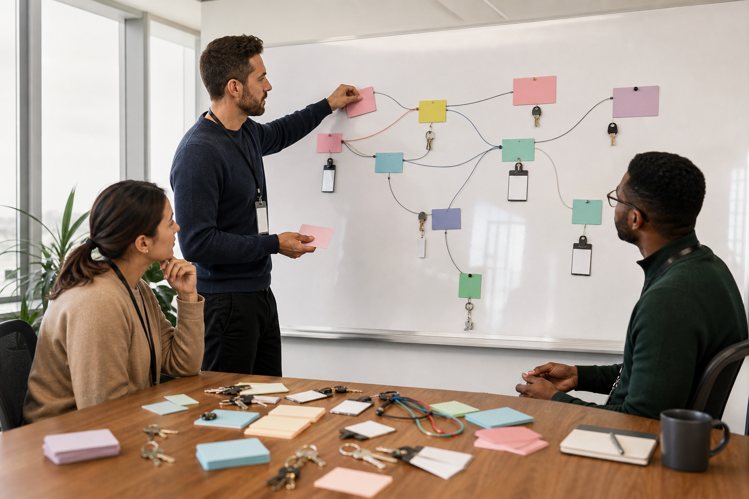 Engineers at a meeting-room whiteboard connecting human badges, AI agent cards, and application keys