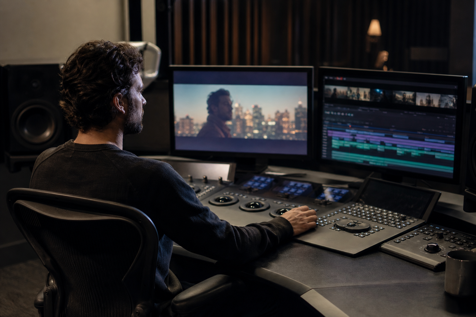 A video editor uses a professional color-grading console for an AI-assisted production