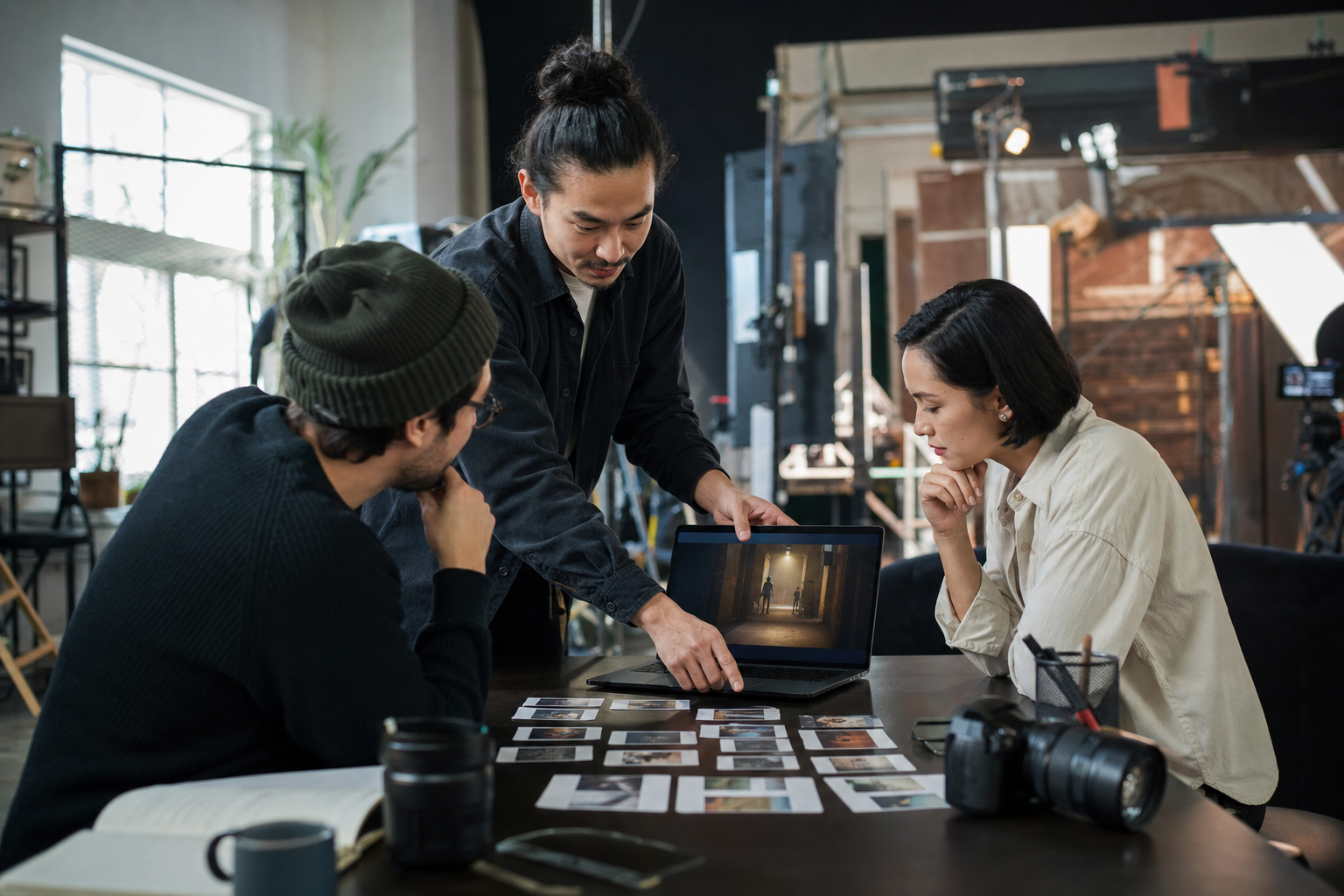 A production team reviews campaign footage with cameras and physical storyboard cards