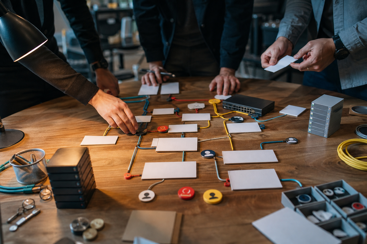 Security engineers reviewing a tabletop flow of physical cards and cables from detection through response