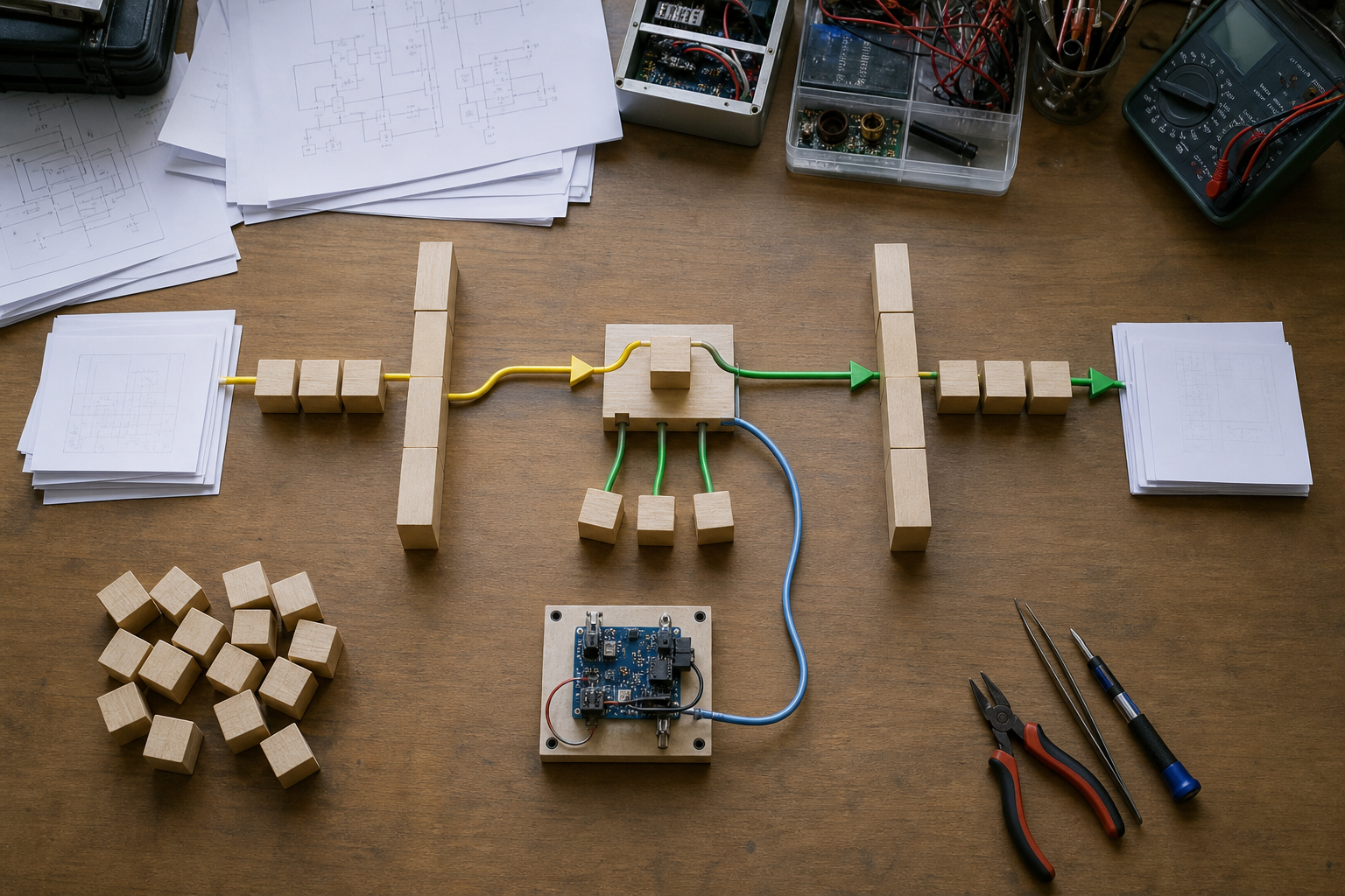 A work desk where documents and screen inputs pass through a fast model before review steps