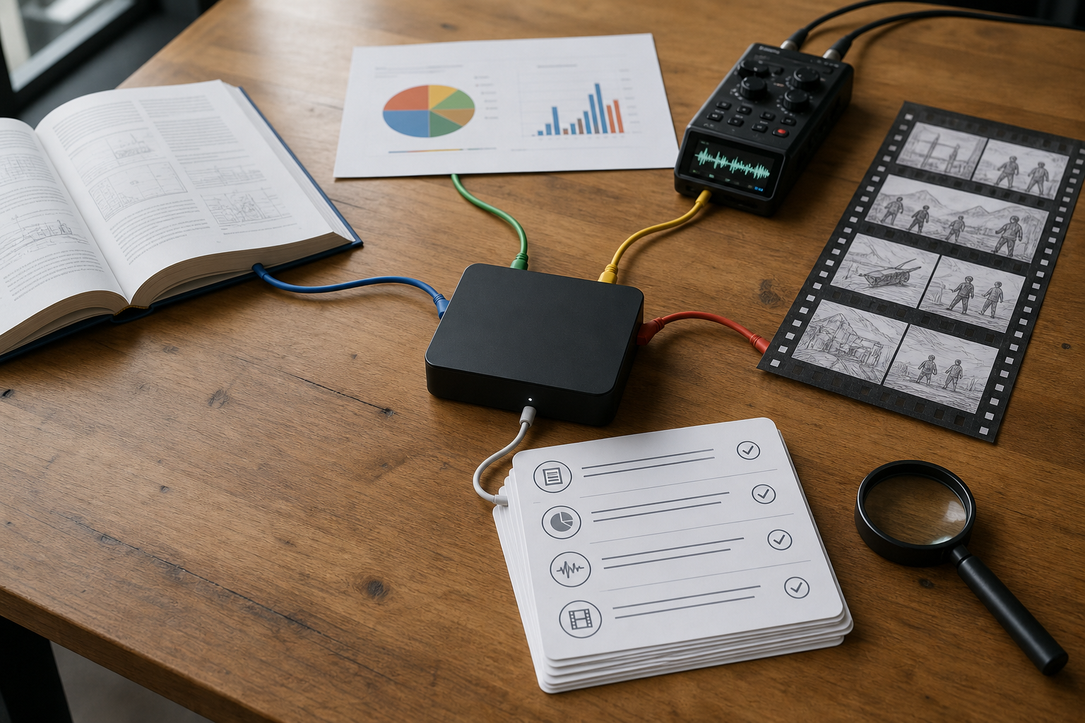 A developer workbench with a laptop, printed logs, image notes, and review cards for a multimodal workflow