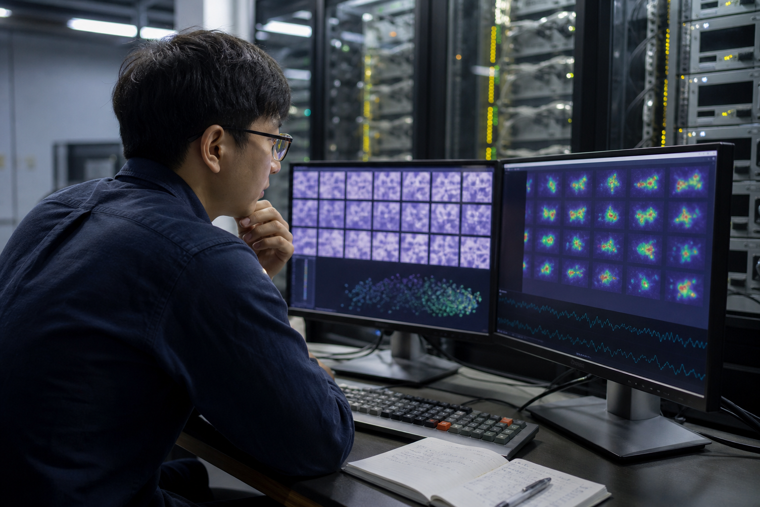 A researcher compares model-evaluation results in front of GPU servers