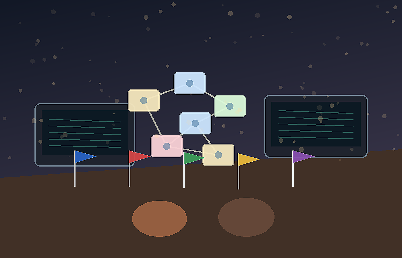 A conference table with small national flags, laptops, and paper nodes connected by string to symbolize open AI collaboration