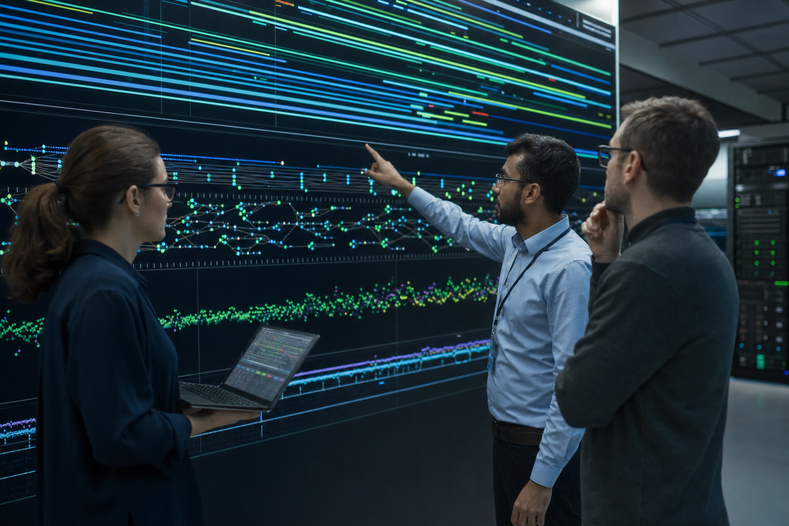 Operations engineers correlate application infrastructure and AI signals on a wall display
