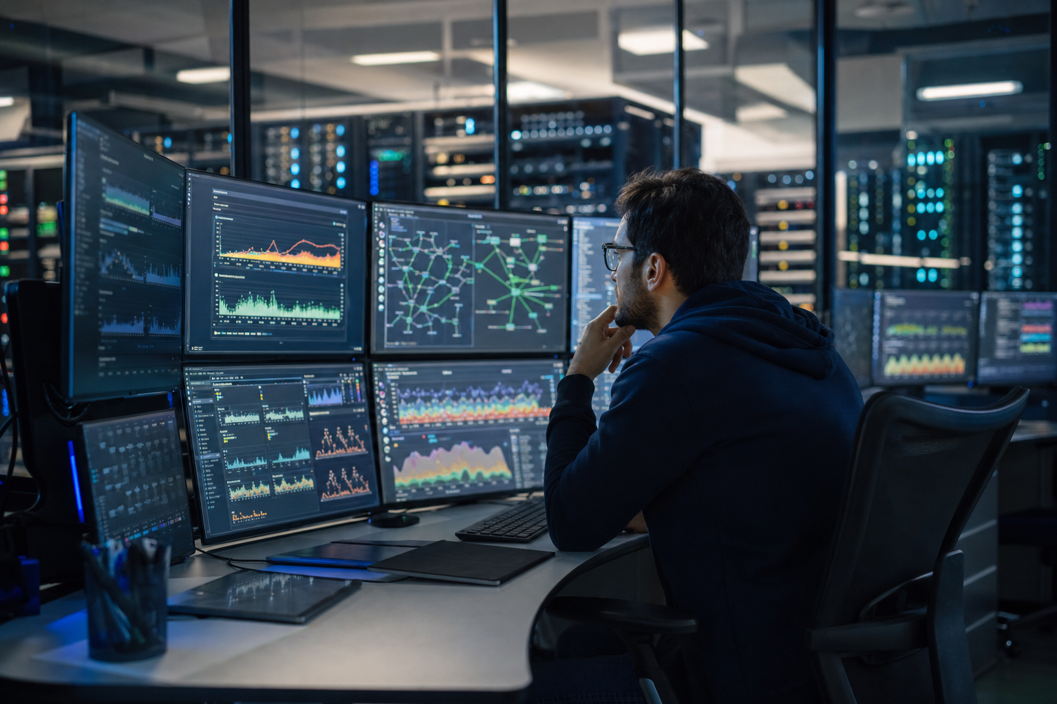 A site reliability engineer investigates service traces and metrics beside server racks