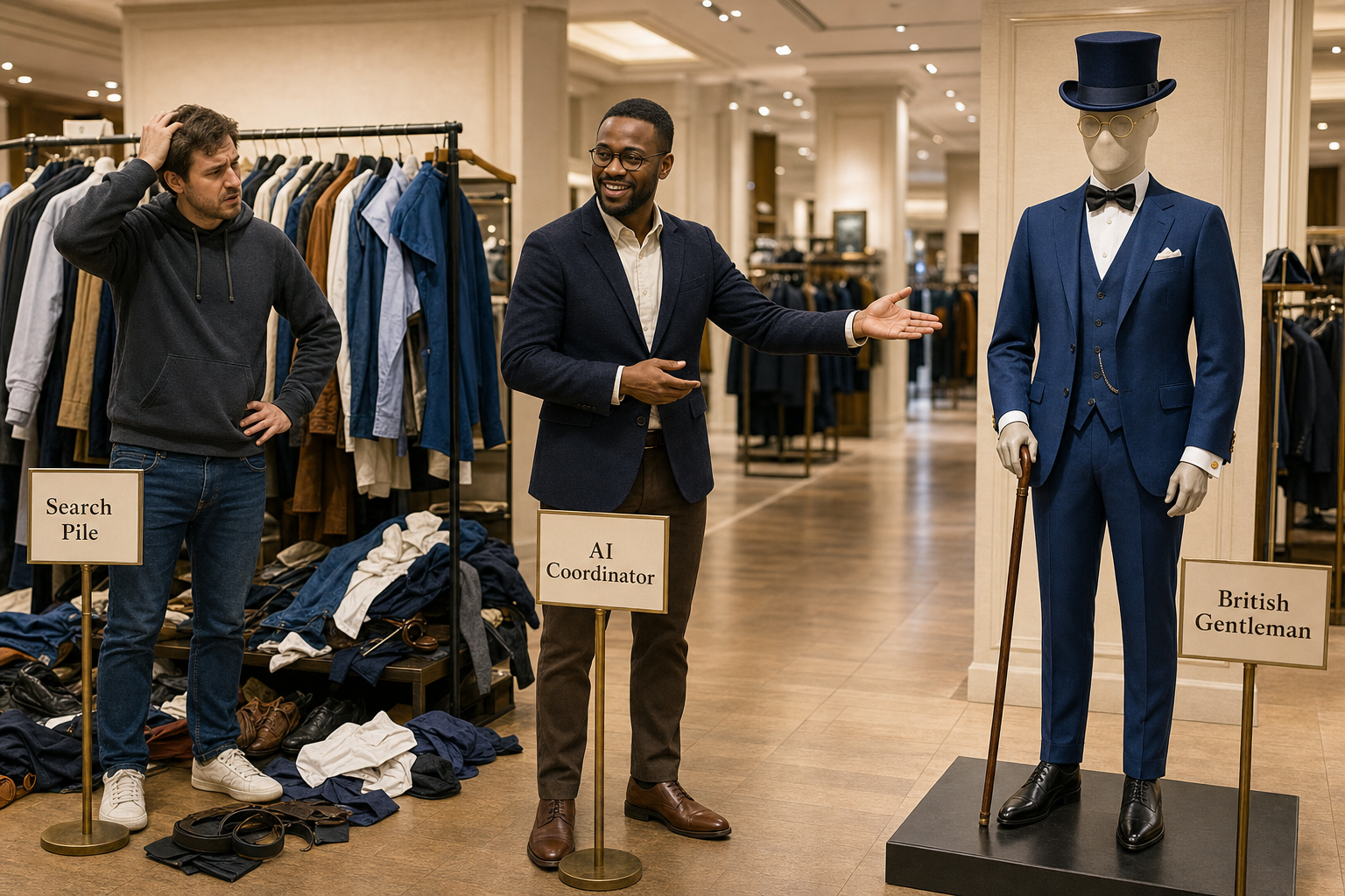 A realistic department-store consultation showing a confused developer, an AI coordinator, and two side-by-side clothing results: a mismatched search pile versus a coherent British gentleman outfit with top hat, gold-rim glasses, blue suit, white shirt, black bow tie, cufflinks, polished pointed shoes, and dark wooden cane; labels in English only