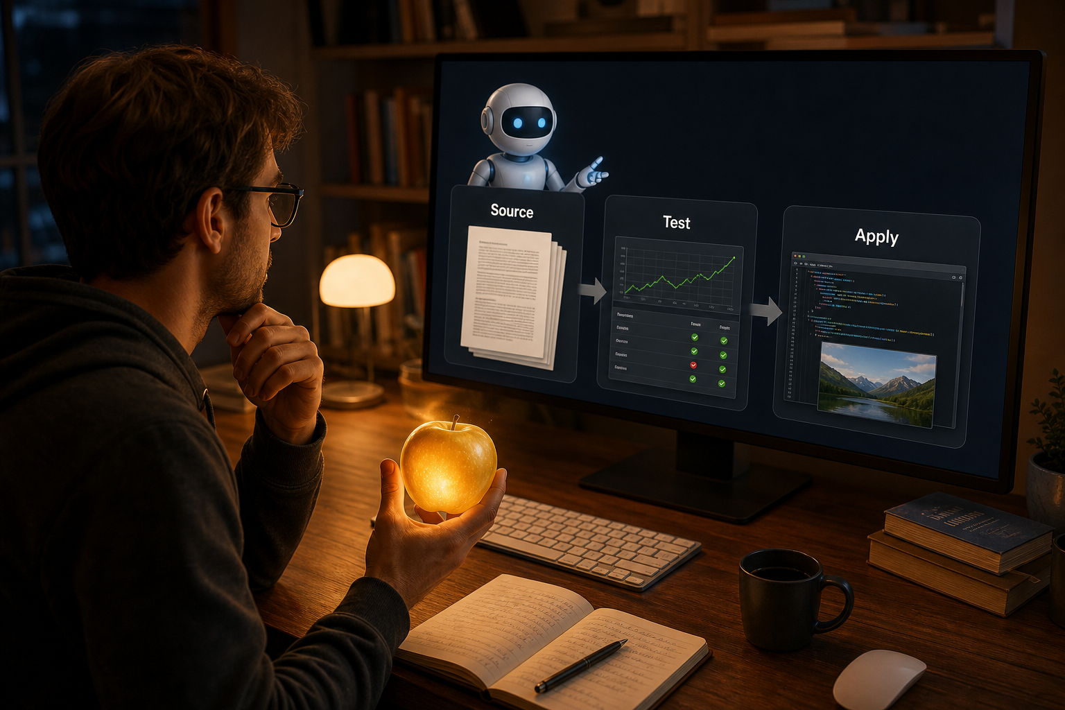 A realistic study desk where a developer holds a glowing golden apple while an AI assistant displays source documents, tests, and a small running project; the contrast shows learning through verification rather than passive consumption, with minimal English labels Source, Test, Apply