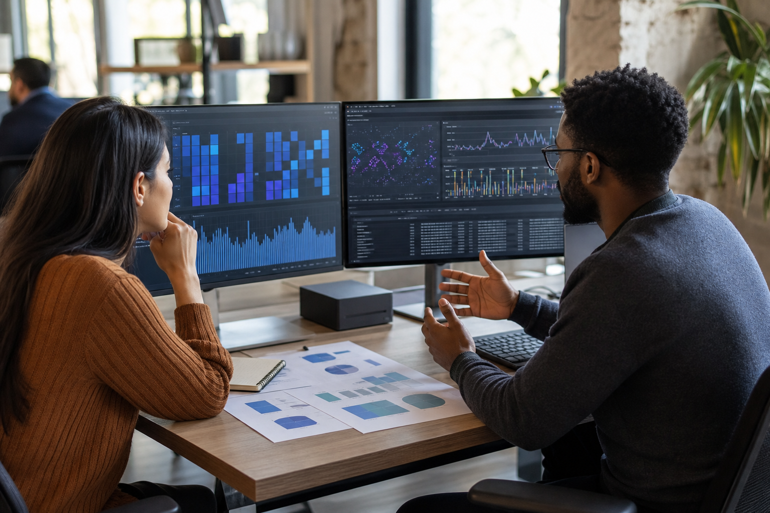 An analyst and platform engineer review compute use and analytical workloads
