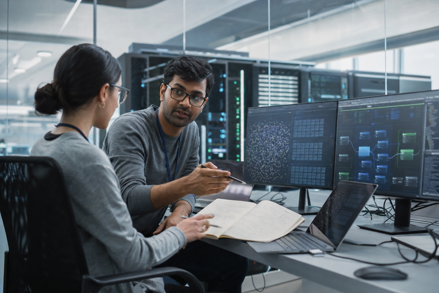 Data engineers discuss platform flows beside servers and analytics monitors