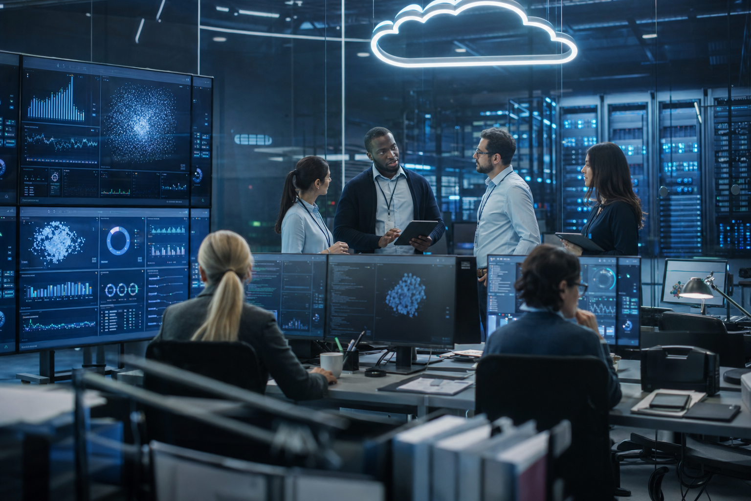 A self-created photorealistic editorial scene of Snowflake AI Data Cloud and Cortex agents inside an enterprise data operations room