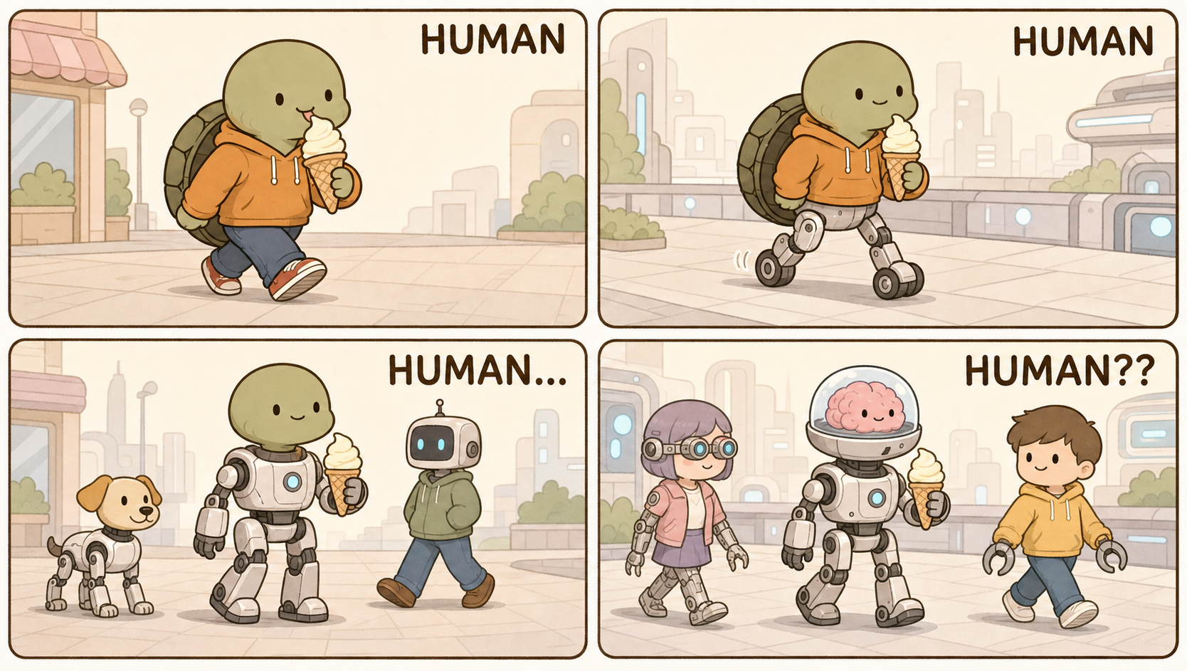 A 2x2 comic where ice-cream-eating Kkobugi gains robotic legs, becomes a cyborg and finally reveals a brain inside a fully robotic head