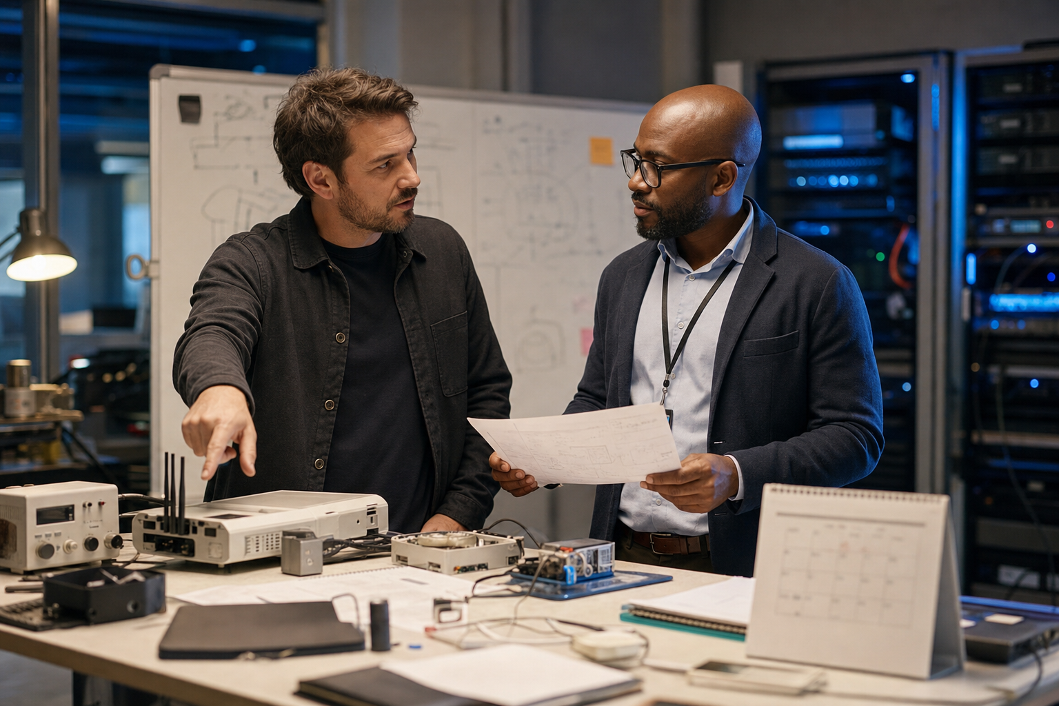 Daegu PoC execution readiness — a photorealistic editorial scene of a founder and operations manager discussing a prototype test plan