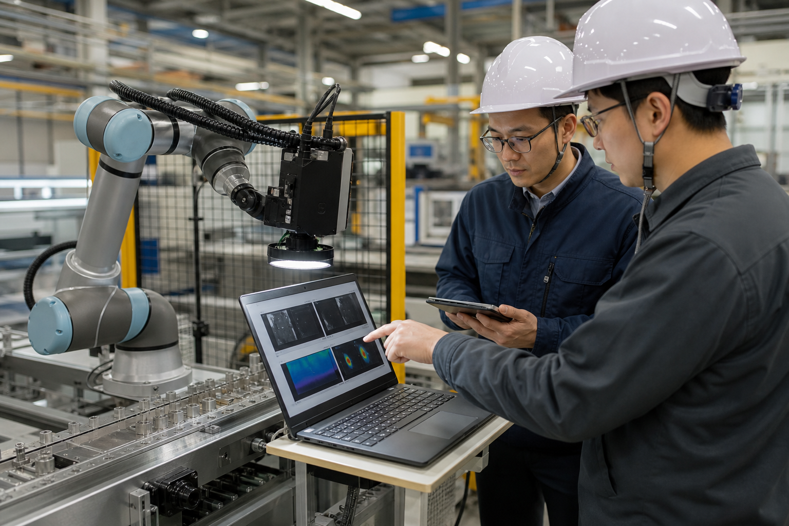 Manufacturing engineers validate a robotic arm and machine-vision AI on a factory line