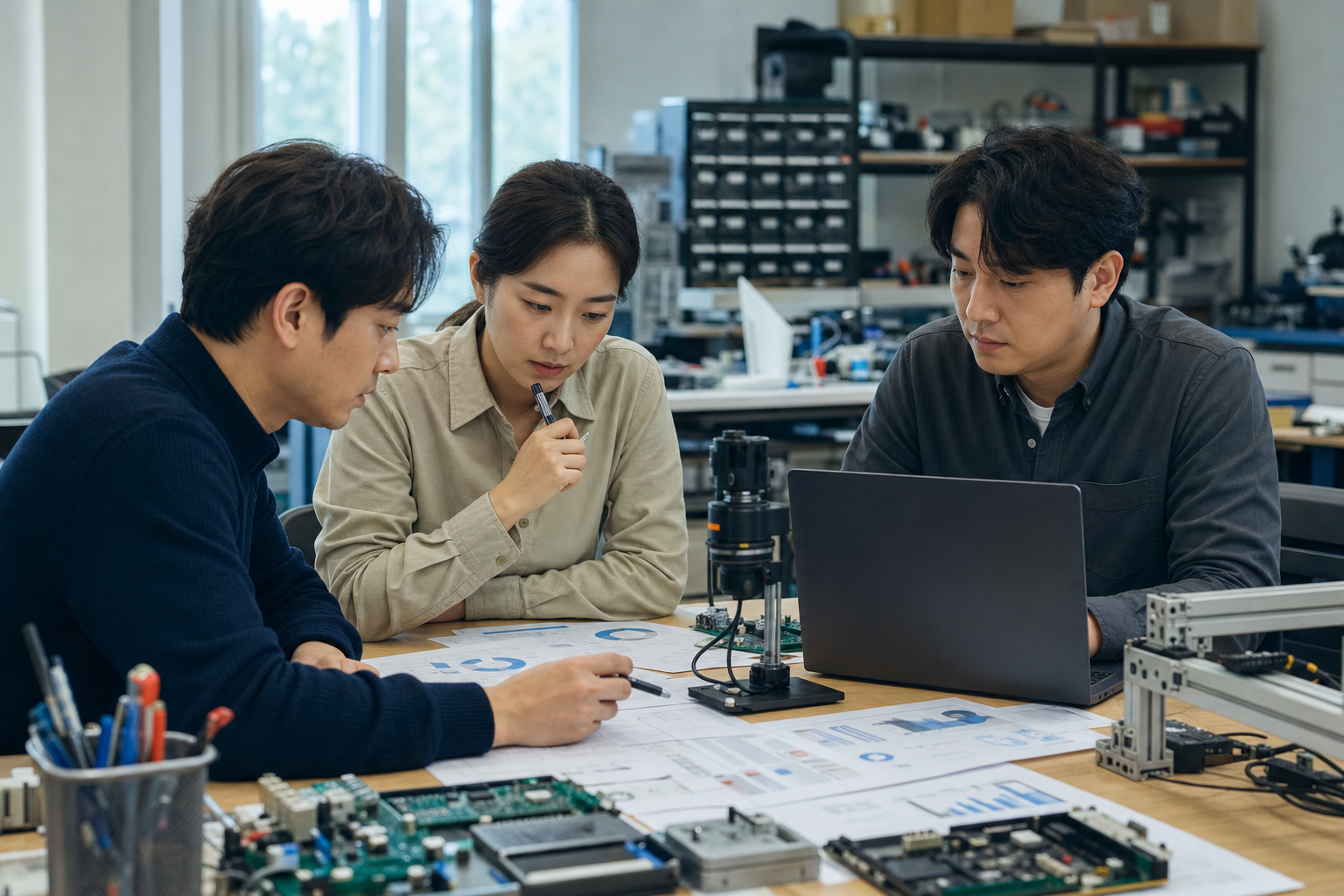 A manufacturing AI startup team reviews prototypes and commercialization application material