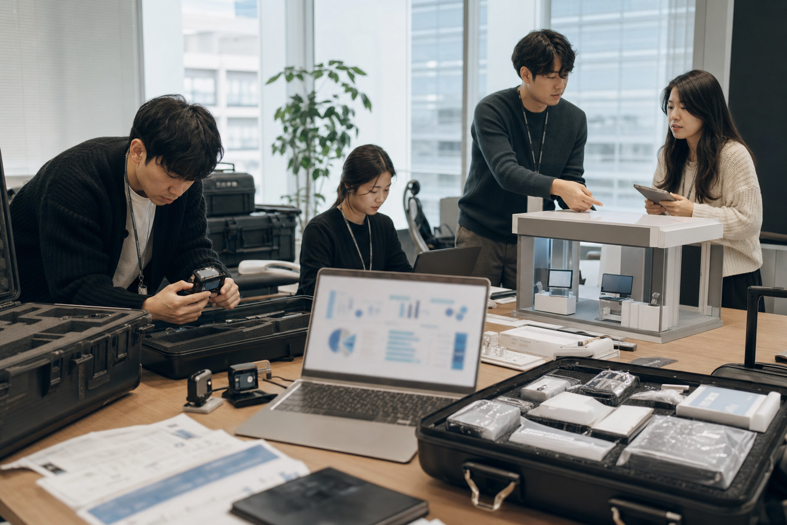 CEATEC 2026 preparation — a photorealistic editorial scene of a Korean digital and AI startup team checking booth materials and demo devices