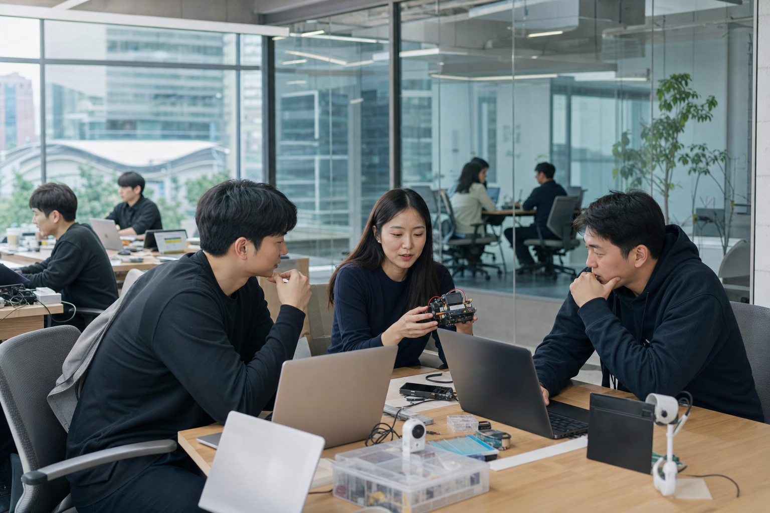 An AI startup team reviews a prototype in a modern Seoul coworking hub