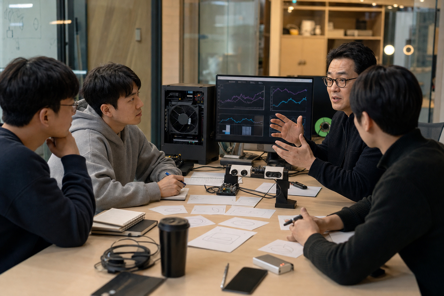 AI startup founders receive mentoring beside a GPU workstation and sensor prototypes