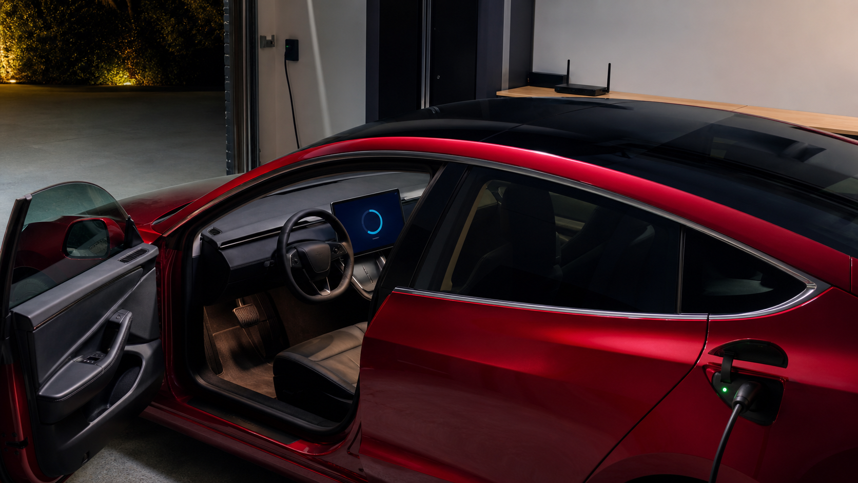 A parked electric car downloading a software update over home Wi-Fi