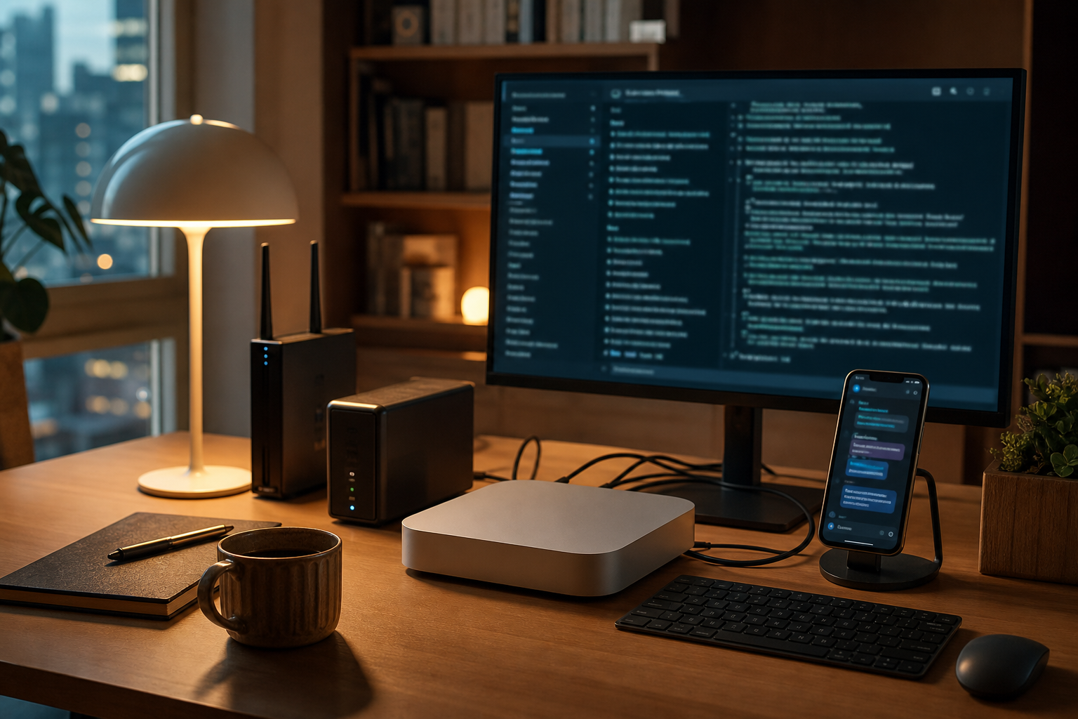 A compact home AI automation workstation with a mini computer, router and monitor