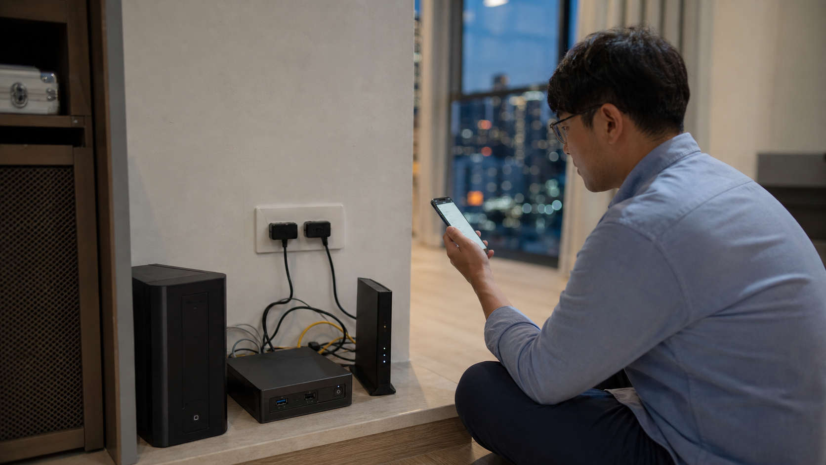 A user checking a secure phone connection beside a home server