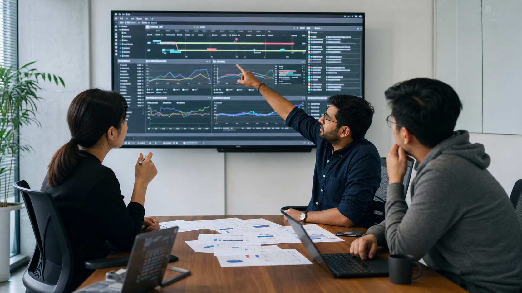 Engineers reviewing AI API latency and production reliability in a meeting