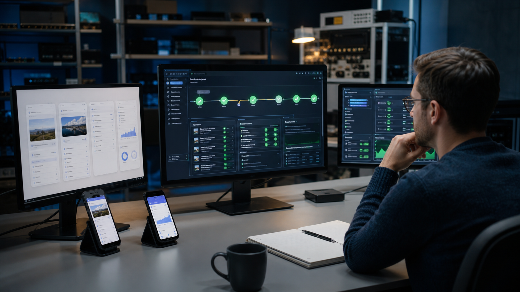 An engineer inspecting CI/CD evidence for web, backend and mobile