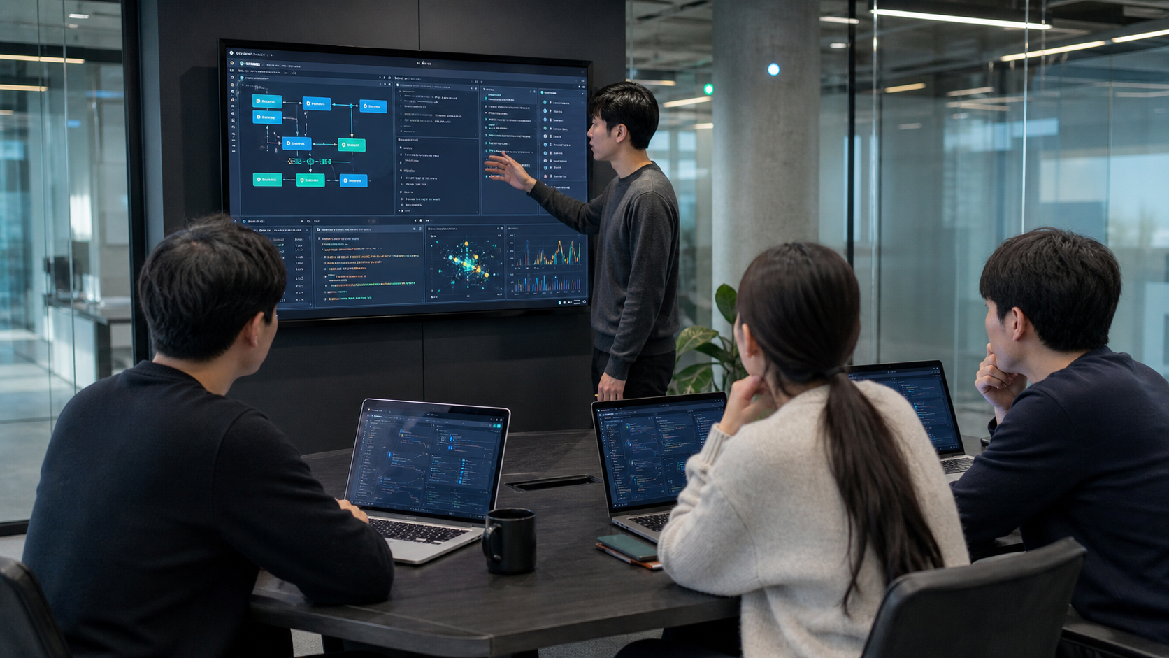 A team reviewing AI coding output and test evidence