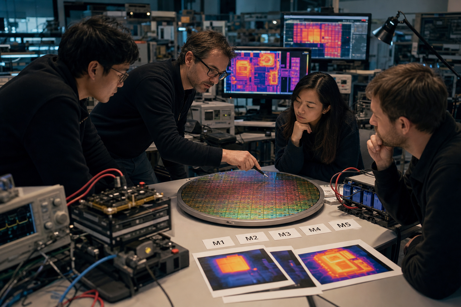 Engineers in a chip design lab studying a wafer and M1 to M5 roadmap cards