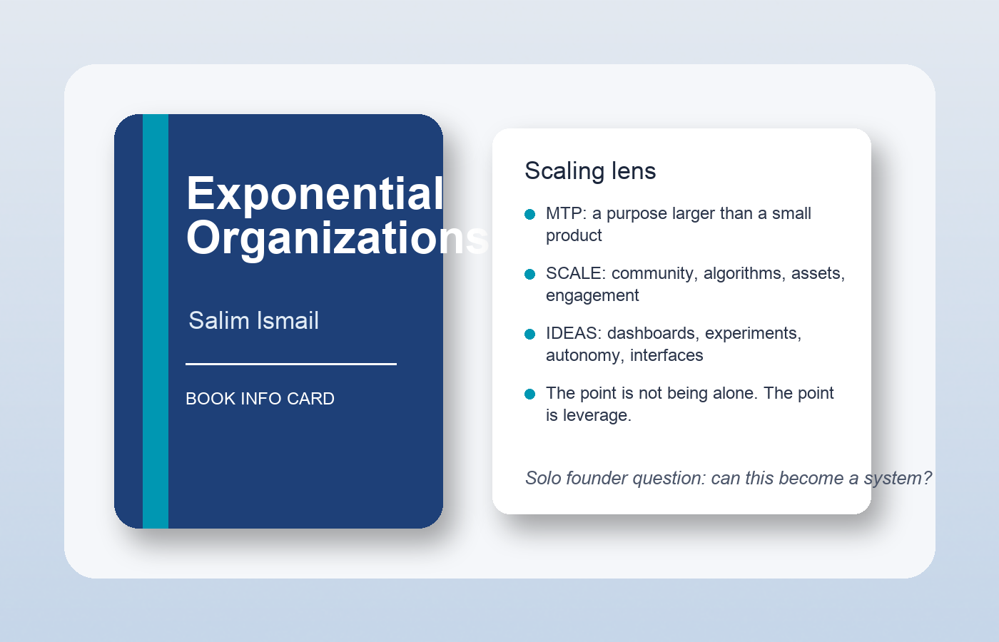 A desk scene showing an Exponential Organizations book information card with scaling notes