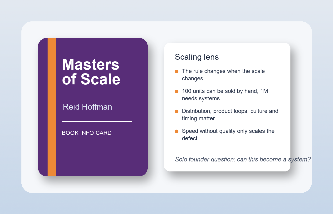 A desk scene showing a Masters of Scale book information card with staged growth notes