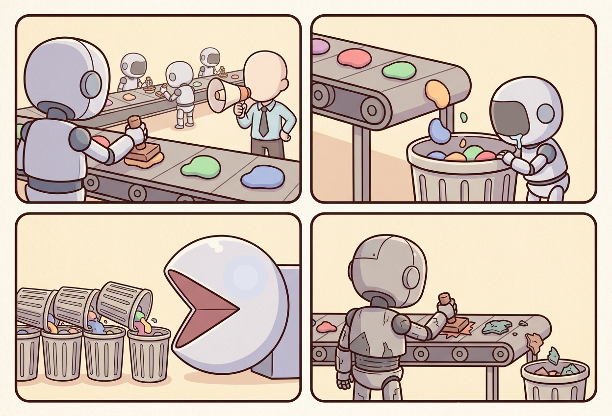 Development Room 404 Ep. 4: Vibe Coding — 2x2 four-panel webtoon. 1. An AI on a conveyor belt produces programs in many shapes while smaller AIs produce more in the distance. A manager speaks through a megaphone. Draw no eyes on any character. 2. At the end of the conveyor belt, the program products fall directly into a trash bin. A small AI robot beside it drools while watching. Draw no eyes. 3. Many trash bins form a line and continuously empty into the mouth of a large-headed Pac-Man-shaped AI. Draw no eyes. 4. A strange broken scrap-metal robot stands on the conveyor belt and produces even trashier programs while programs still fall directly into a bin at the far end. Draw no eyes.
