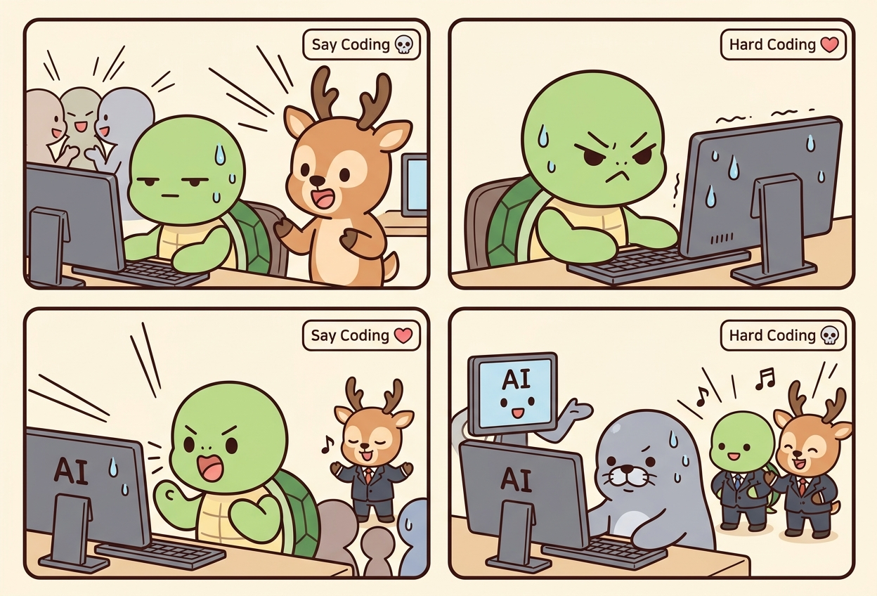 Development Room 404 Ep. 3: Modern Development, Again — 2x2 four-panel webtoon. 1. In the development room, Kkobugi watches the monitor with a -_- expression and sweats while Kim Saseum and unnamed developers talk loudly. Top-right label: Say Coding with a skull. 2. Kkobugi codes with narrowed axe-like eyes while the computer sweats. Top-right label: Hard Coding with a heart. 3. Kkobugi talks loudly to a monitor marked AI while the AI sweats. Label: Say Coding with a heart. Small in the background, Kim Saseum wears a suit and speaks to a crowd as if singing with her eyes closed. 4. Park Mulbeom sweats while coding at a monitor marked AI as the AI explains. Label: Hard Coding with a skull. In the background, Kkobugi and Kim Saseum wear suits and sing speeches toward AI.